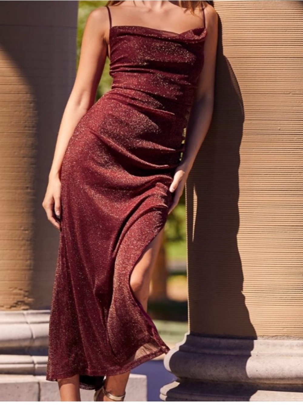 Lulus Next Please Gold and Burgundy Cowl Neck Bodycon Dress!